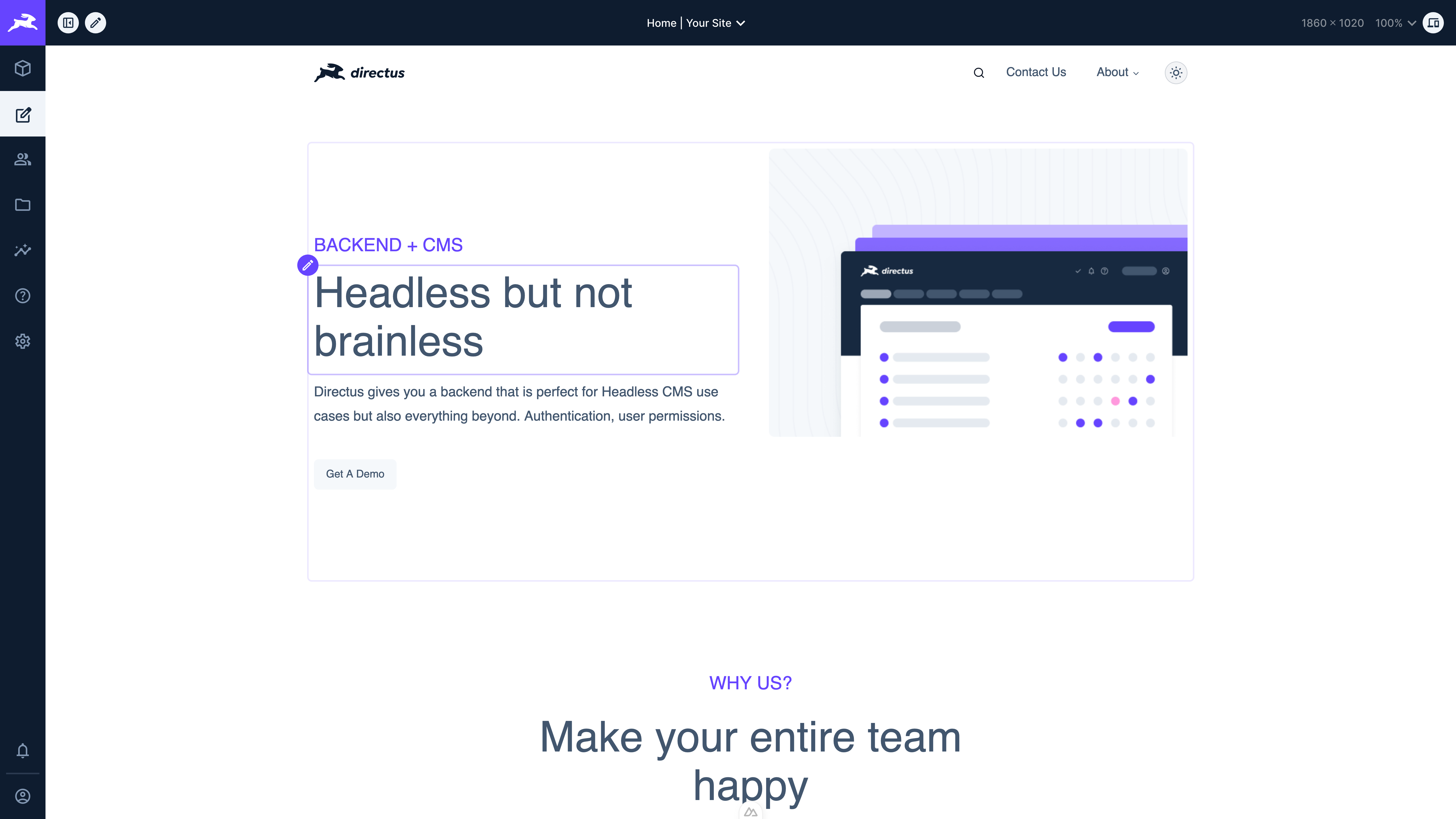 An image of the visual editor module open on a page with a hovered item highlighted